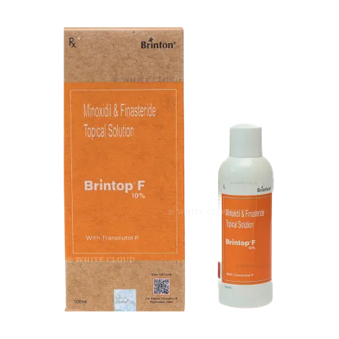 Brintop F product packaging and white bottle with orange label.