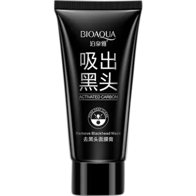 Black tube of Bioaqua activated carbon face mask with white and silver text.