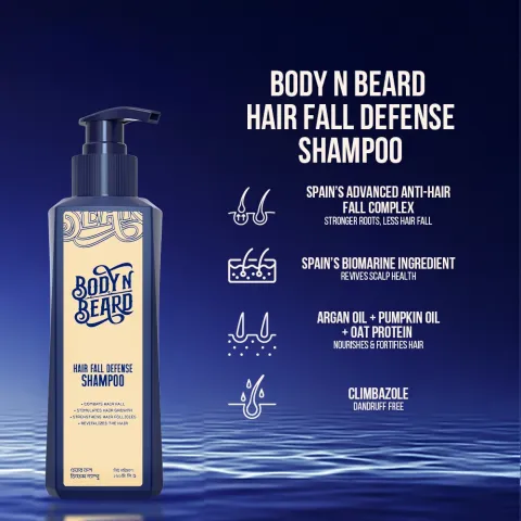 Body N Beard Hair Fall Defense Shampoo bottle on a blue background with product benefits listed.