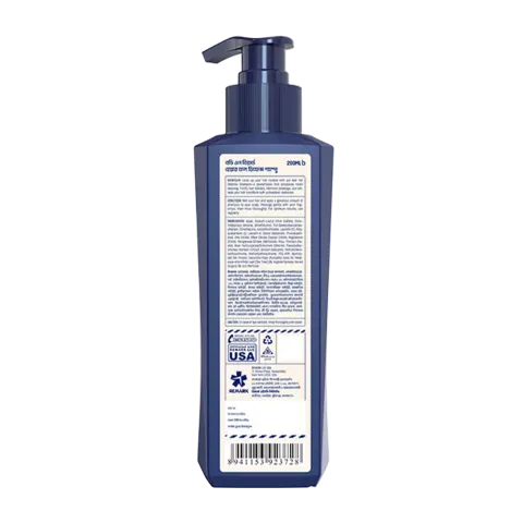 Blue rectangular pump bottle with a white label showing back product information.