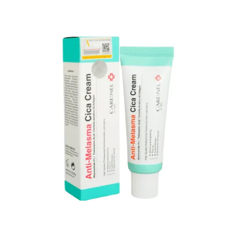 Tube and box of Anti-Melasma Cica Cream with teal and white packaging.