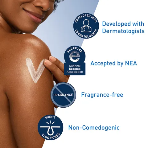 Woman applying lotion to shoulder, highlighting skincare product benefits on right side.