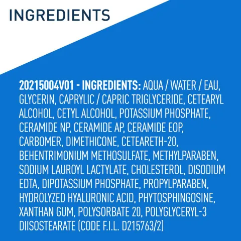 List of skincare product ingredients on a blue and white background.