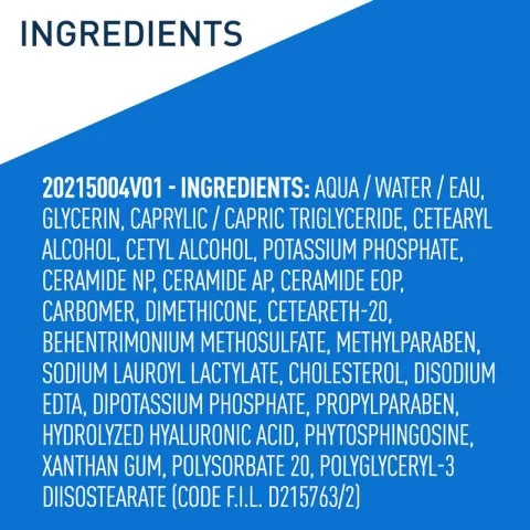List of product ingredients on a blue and white background.