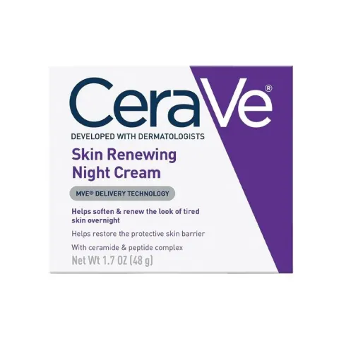 CeraVe Skin Renewing Night Cream box with purple and white design.