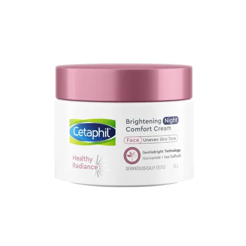 Cetaphil Brightening Night Comfort Cream jar with a pink lid and white label.