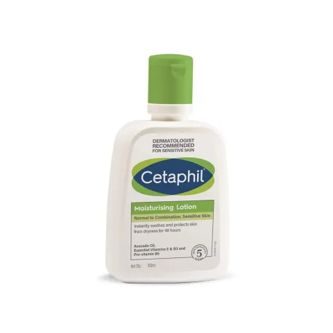 Cetaphil moisturizing lotion bottle with green cap on white background.