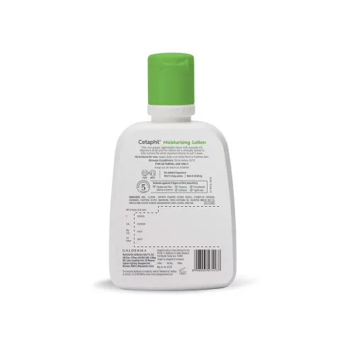 White bottle of Cetaphil moisturizer with green cap, shown from the back.