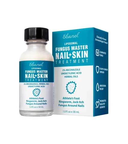 Fungus Master Nail + Skin Treatment bottle and box with blue and white design.
