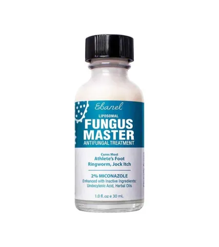 Small clear bottle of Fungus Master antifungal treatment with black cap and blue label.