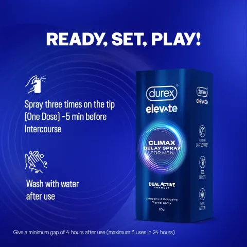 Durex Elevate spray product packaging with usage instructions on a blue background.