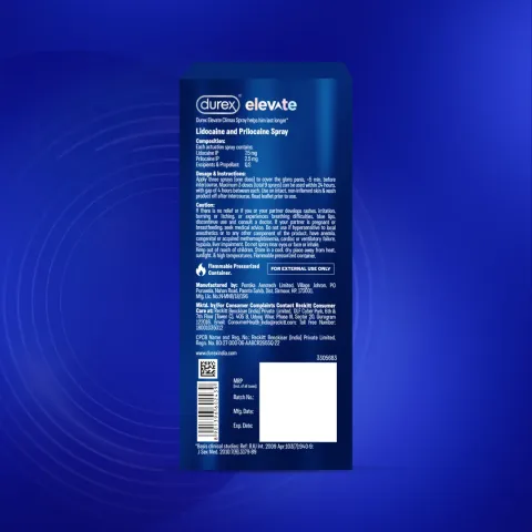 Blue product packaging label with white text and barcode on a gradient blue background.