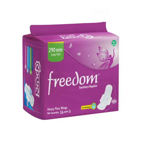 Purple package of Freedom sanitary napkins with an illustration of a sanitary pad and a fairy.