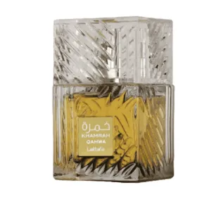 Clear glass perfume bottle with gold label and textured geometric design.