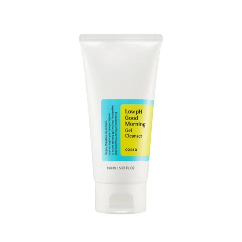 White tube of facial cleanser with blue and yellow label on the front.