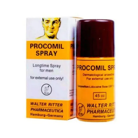 Procomil Spray product packaging with white and yellow box and brown capped spray bottle.
