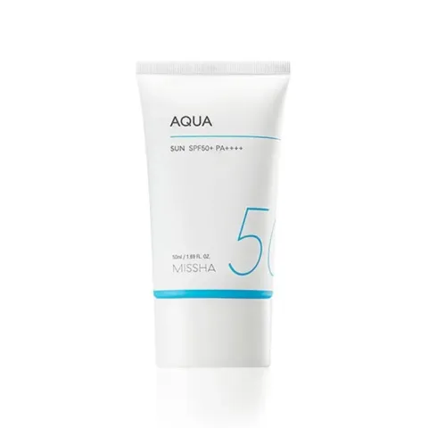 White tube of Aqua sunscreen SPF 50 with minimal blue and gray design.