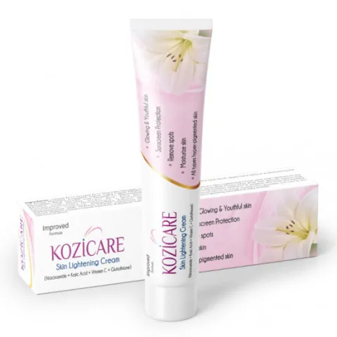 KoziCare skin lightening cream tube and box with pink and white floral design.