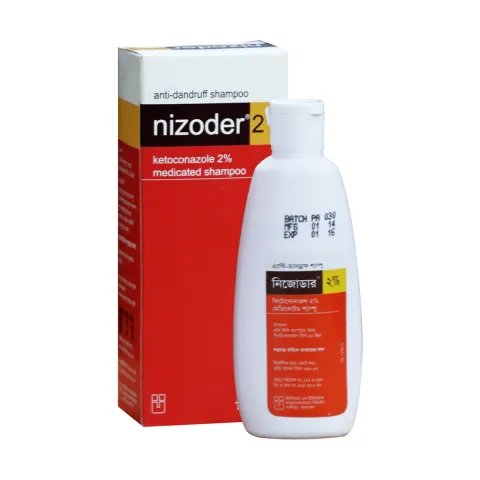 Nizoder anti-dandruff shampoo bottle and box with red and white packaging.