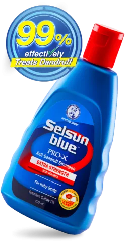 Blue Selsun Blue PRO-X shampoo bottle with red cap and a 99% effectiveness label.