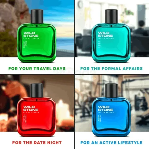Four Wild Stone perfume bottles in different colors, each set against a themed background.