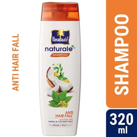 White bottle of anti hair fall shampoo with coconut and aloe vera graphics, 320 ml size.