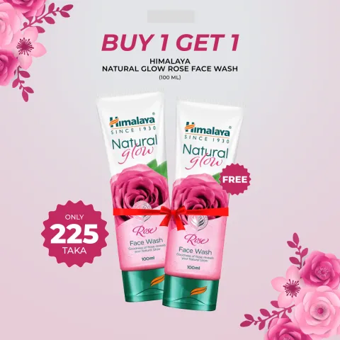Two tubes of Himalaya Natural Glow Rose Face Wash with pink roses and floral accents.