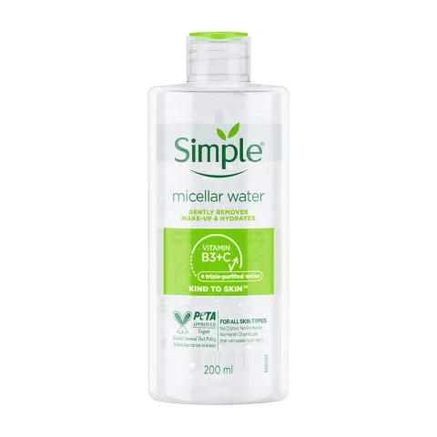 Simple micellar water bottle with green and white label on a white background.