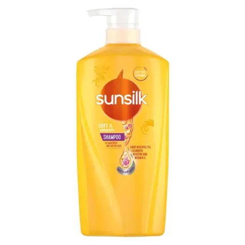 Sunsilk shampoo bottle with a yellow pump dispenser and orange label design.