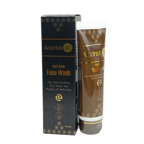 Brown and black Acefer-U face wash tube next to its matching box packaging.