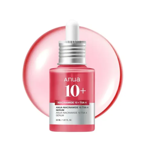 Pink skincare serum bottle with dropper cap, labeled "Anua 10+," on a pink liquid background.