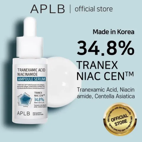 Serum dropper bottle with liquid beside it, blue and white design, official store seal.