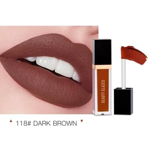 Lips with matte dark brown lipstick, next to a matching liquid lipstick tube and applicator.