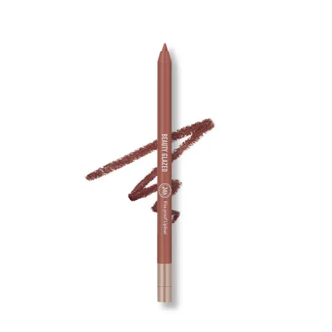Brown lip liner pencil with a squiggle mark behind it on a white background.
