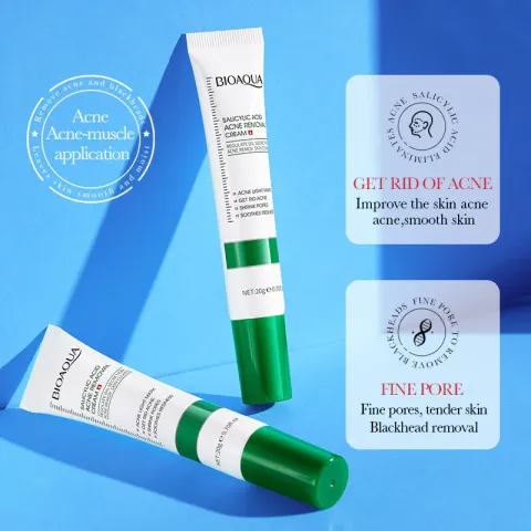 Two white and green skincare tubes on a blue background with skincare benefit icons.