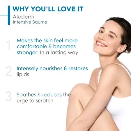 Smiling woman with clear skin sits with arms around knees, next to skincare product benefits list.