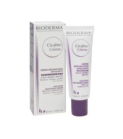 Bioderma Cicabio Creme tube with its box, both white with purple accents.