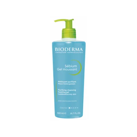 Blue Bioderma cleansing gel bottle with a green pump dispenser.