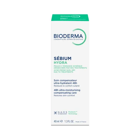 Bioderma Sébium Hydra moisturizer box with green and blue accents on white packaging.