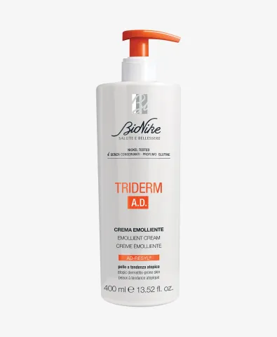 White Biothrive Triderm A.D. lotion bottle with orange pump dispenser.