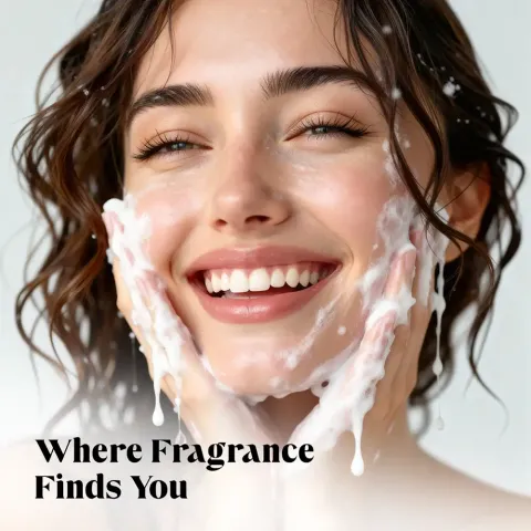 Smiling woman with wet hair washing her face with foamy cleanser.