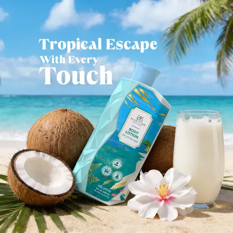 Carton of coconut milk, glass of coconut milk, coconuts, and flower on a tropical beach.