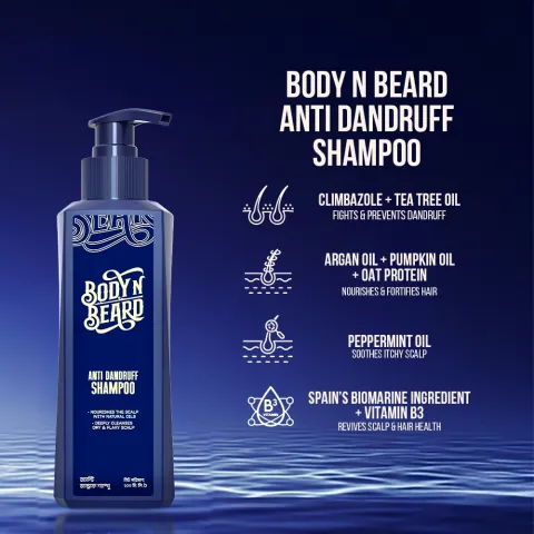 Blue Body N Beard anti-dandruff shampoo bottle with ingredient highlights on a dark background.