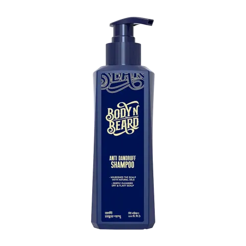 Blue pump bottle labeled Body & Beard Last Warrior Shampoo.