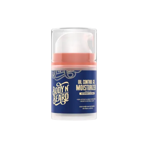 Beard grooming product in a clear pump bottle with blue and orange label.