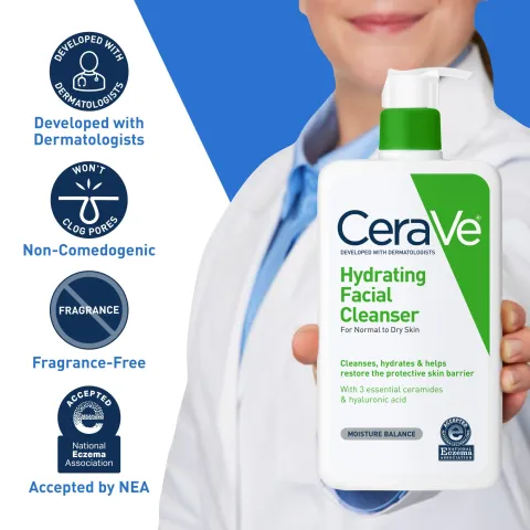 Person in a lab coat holding a bottle of CeraVe Hydrating Facial Cleanser.