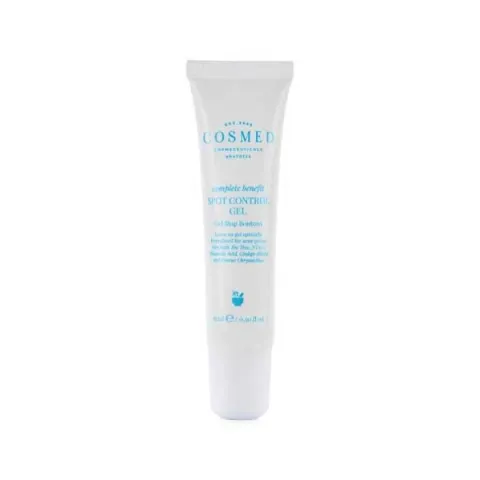 White skincare product tube with blue text on a plain background.