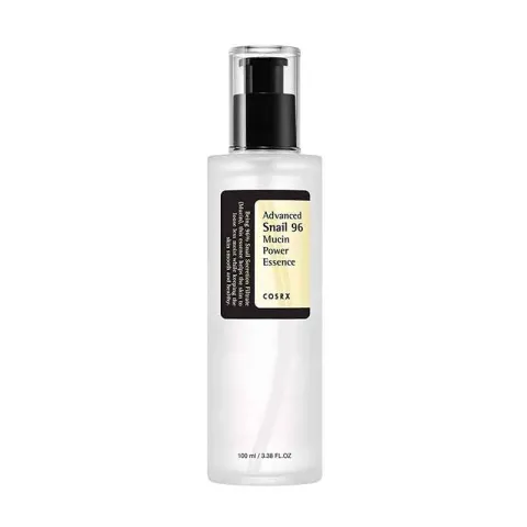 Clear plastic bottle of Cosrx Advanced Snail 96 Mucin Power Essence with black pump.
