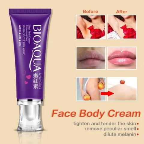 Purple tube of BIOAQUA Face Body Cream with before and after skin improvement photos.