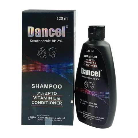 Dancel shampoo bottle and box with colorful design and product details.